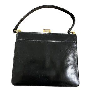 Koret Vintage Black Leather Handbag With Gold-Tone Clasp & Adjustable Strap